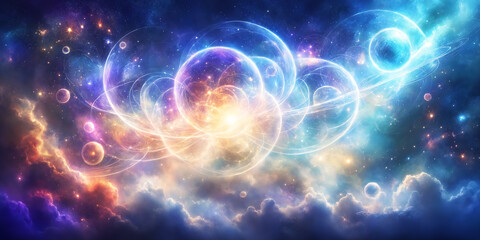 Obraz premium A colorful and vibrant scene in the sky. It features a multitude of glowing planets and stars, creating a visually stunning and intricate display.
