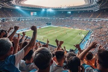 A massive throng of spectators fills the stadium, cheering and waving flags during a lively soccer match, A packed stadium roaring with excitement as spectators cheer on their team