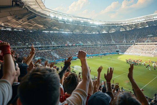A massive crowd of enthusiastic spectators cheering at a soccer match in a packed stadium, A packed stadium roaring with excitement as spectators cheer on their team