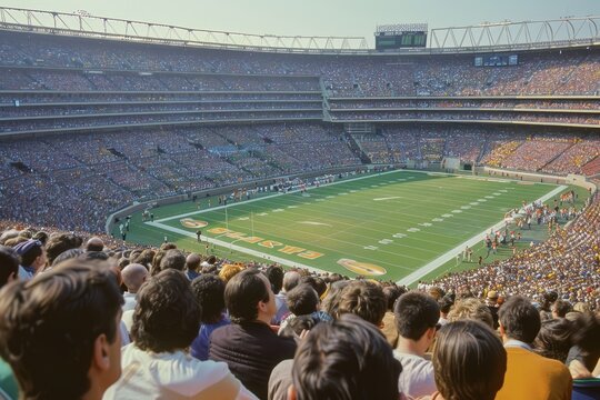 A lively stadium filled with cheering fans watching a football game, A packed stadium roaring with excitement as spectators cheer on their team