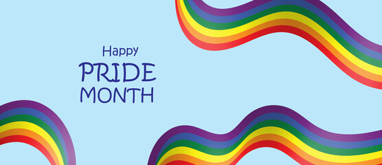 LGTBQ pride month with coloured ribbon waves and swirl blue vector banner background. To the lesbian, gay, bisexual, transgender, queer, intersex, asexual, community and freedom of speech.