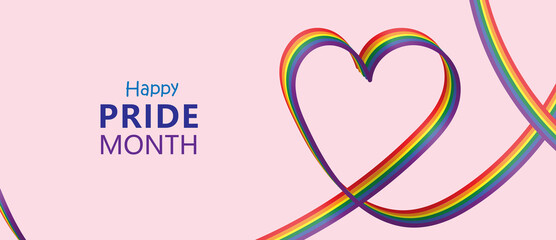 LGTBQ pride month with coloured ribbon with pink love heart vector banner background. To the lesbian, gay, bisexual, transgender, queer, intersex, asexual, community and freedom of speech.