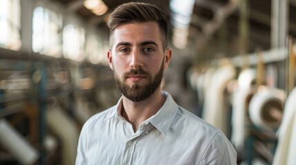 Young male manager in textile production factory. Industrial workplace portrait.