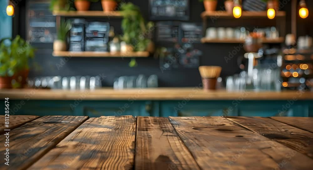 Aufkleber blurry cafe background with wooden table for product display or design layout. concept cafe backgrou