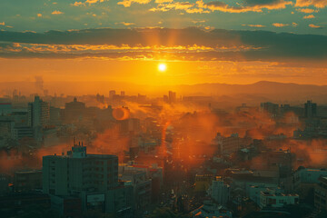 Light yellow sunrise over a bustling city, awakening with energy,