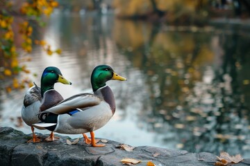 Fototapeta premium A couple of ducks standing on a rock by a pond, A pair of ducks waddling by a serene pond