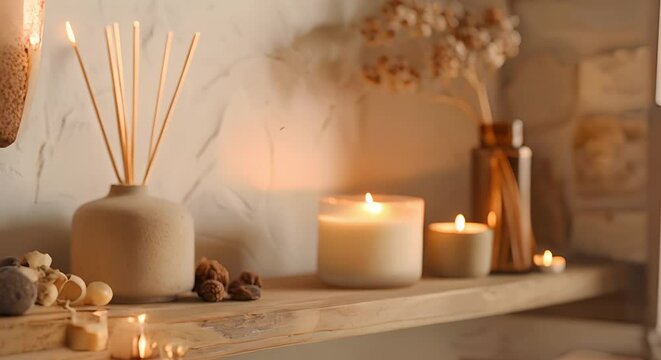 Design concept for scented candle and reed diffuser displayed on a wooden shelf. Concept Home Decor, Aromatic Products, Natural Elements, Cozy Setting, Lifestyle Display