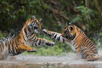 Obraz premium Two tigers frolicking and engaging in playfulness in a body of water, A pair of tigers engaged in a playful interaction