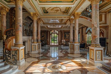 Fototapeta premium A large room showcasing grandeur with marble floors and towering columns, A palatial estate with marble columns and intricate woodwork