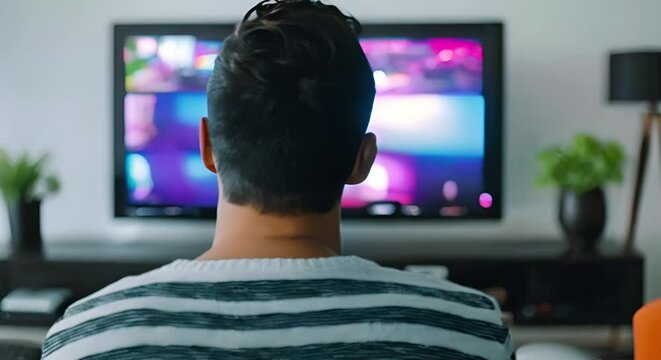 Male viewer watches streaming service on smart TV at home. Concept Home Entertainment, Streaming Platforms, Smart TV, Viewing Habits, Male Audience