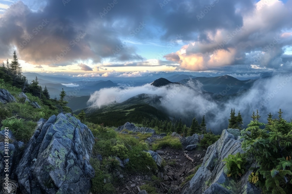Poster panoramic view of mountains and clouds from the top of a mountain, a panoramic view from a mountaint