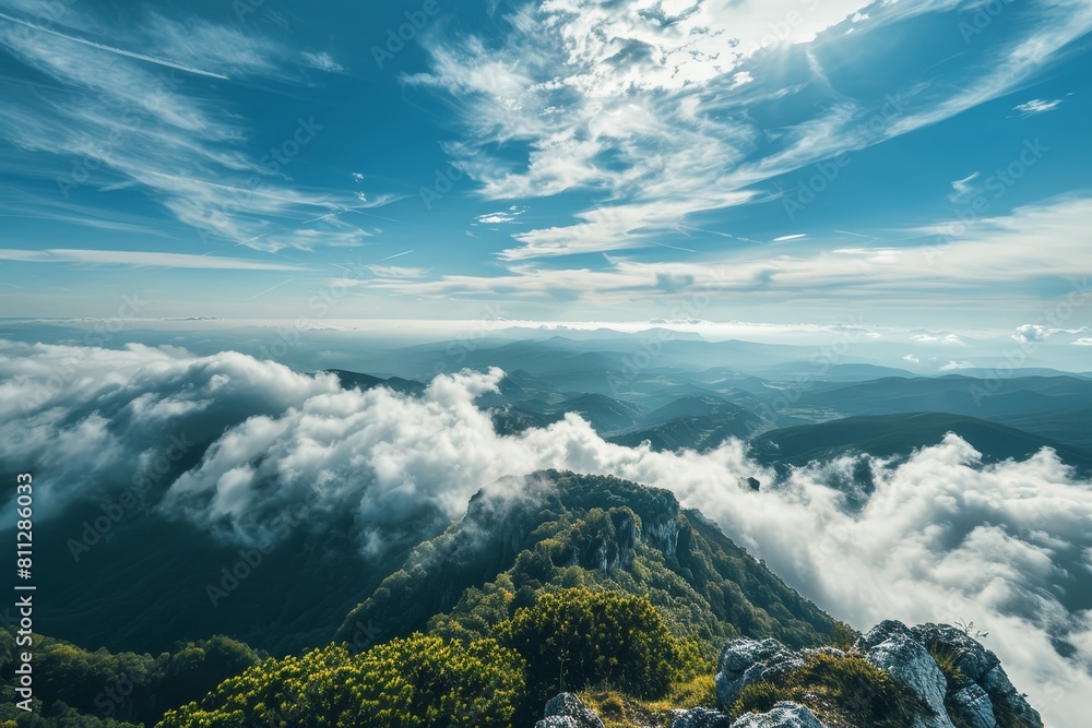 Poster overlook of clouds and mountains from high elevation, a panoramic view from a mountaintop with cloud