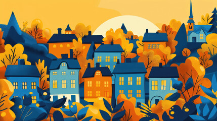 flat illustration, vintage postcard, National Day in Sweden, panorama of a cozy Swedish city among the trees, autumn landscape