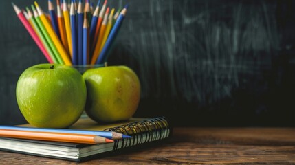 Back to school concept.books, pencils and green apple over chalkboard background. Book with group of pencils on wood table. - Powered by Adobe