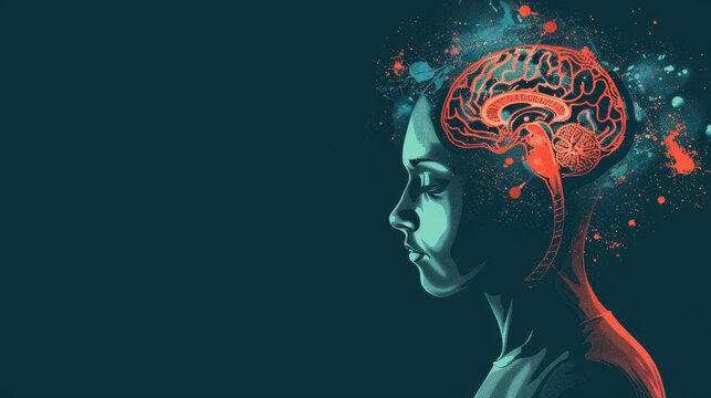 watercolor illustration, vintage postcard, World Brain Tumor Day, silhouette of a girl in profile, brain figure, dark background, copy space, free space for text - Powered by Adobe