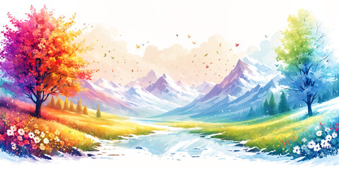 Colorful landscape featuring a field with flowers, a river, and a mountain range in the background. The scene is vibrant and visually appealing, with the various elements of the landscape.