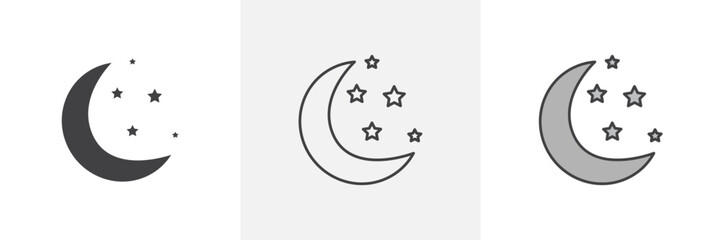 Starry Moon Icon Set. Nighttime Celestial Vector Symbol.