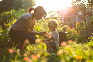 A woman kneels next to a little girl in a garden, engaging in a conversation or activity together, A parent and child playing together in a garden