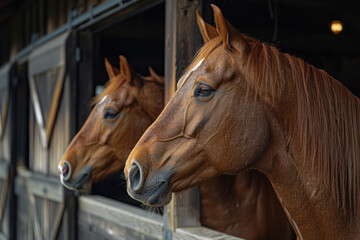 Fototapeta premium Chestnut horse stable with well-groomed horses, reflecting care and tradition,