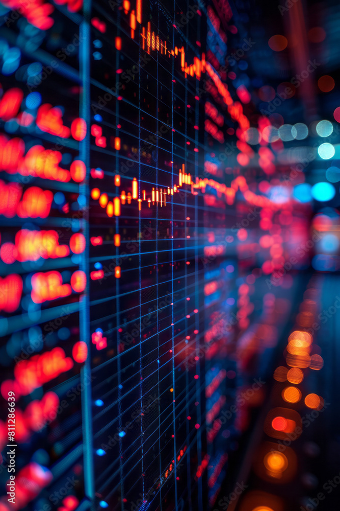 Aufkleber graph with upward trending lines against a backdrop of glowing digital screens, representing technol