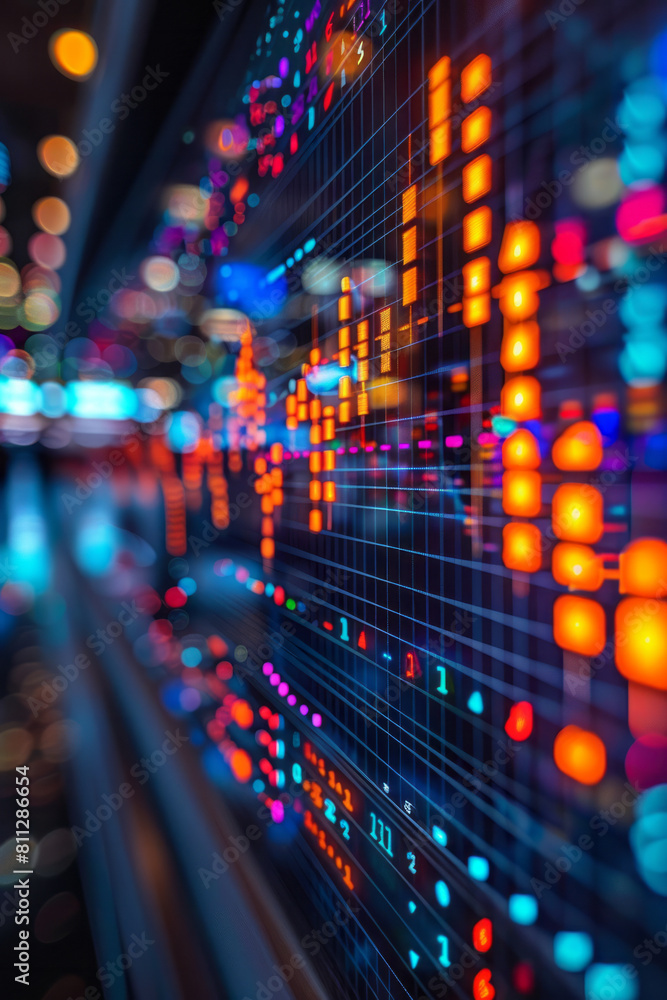 Poster graph with upward trending lines against a backdrop of glowing digital screens, representing technol