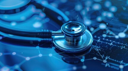 Stethoscope on vibrant blue digital interface illustrating medical technology and health monitoring