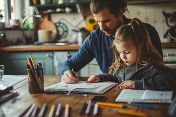 A man and a little girl are seated at a table, engaged in an activity together, A parent and child working together at the kitchen table, surrounded by notebooks and pens