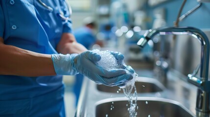 Female nurse in blue scrubs washing hands with soap and water in hospital sink