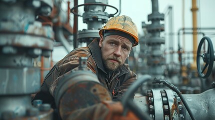 Oil and gas technology. Gasoline worker working on Gas pipline, Workers Inspecting Equipment and Technology. technician, engineer, worker, touching a pipeline.