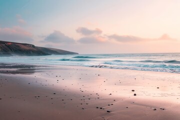 Fototapeta premium Waves gently rolling onto a sandy beach with a pastel sky in the background at sunset, A peaceful beach at sunset, with pastel skies and gentle waves crashing