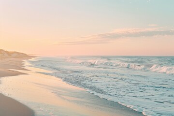 Waves rolling onto a sandy beach under a pastel sunset sky, A peaceful beach at sunset, with pastel skies and gentle waves crashing