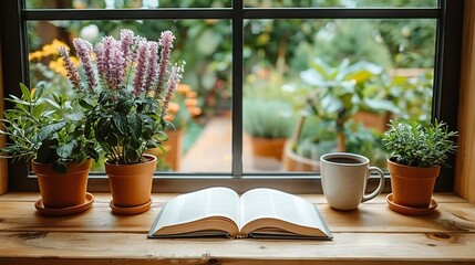   A book rests atop a windowsill beside a cup of joe and greenery