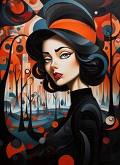 Cubism style painting of a serious woman in black with a hat