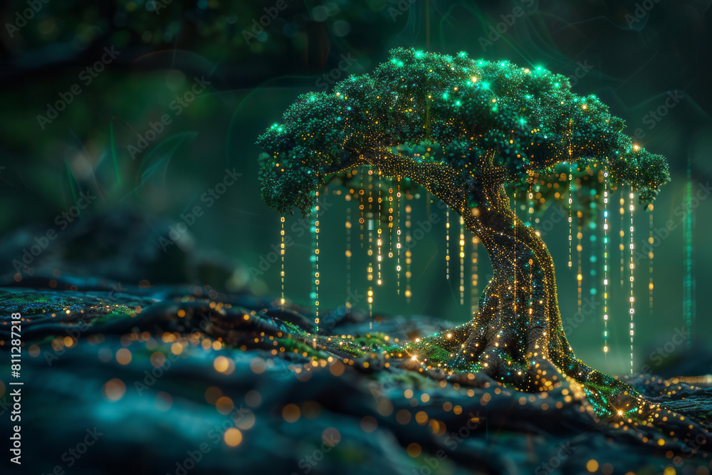 Poster a digital artwork of a binary code tree with leaves as digital currency icons,