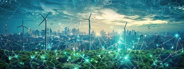 Futuristic Green Energy City with Wind Turbines and Digital Networks