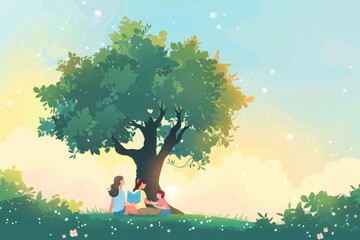 A couple sitting under a tree, engrossed in reading books, A peaceful illustration of a family reading books together under a tree