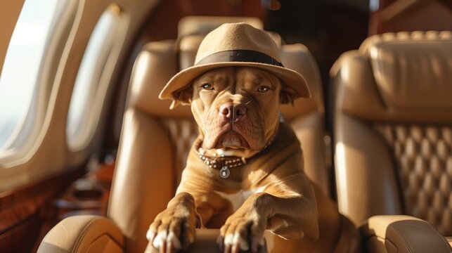 A brown Pitbull dog wearing fedora hat sitting in the private jet with luxury leather seats. Generative AI