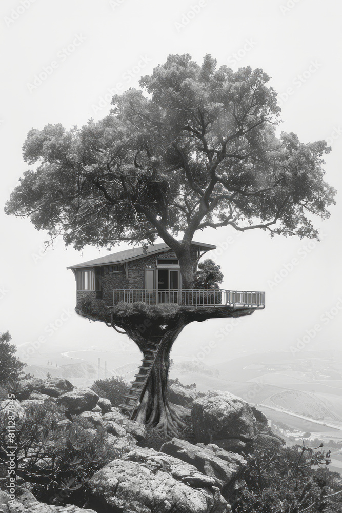 Poster graphic representation of a treehouse, built from various investment forms, offering a view over the