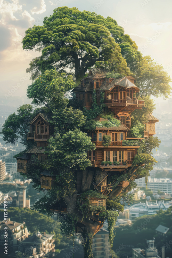 Poster graphic representation of a treehouse, built from various investment forms, offering a view over the