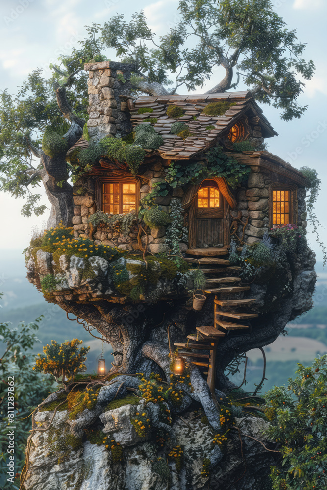 Poster graphic representation of a treehouse, built from various investment forms, offering a view over the