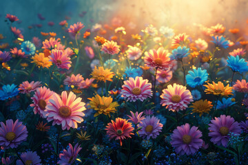 Vibrant painting of a garden where each flower is an investment instrument, flourishing under the sun of economic growth,