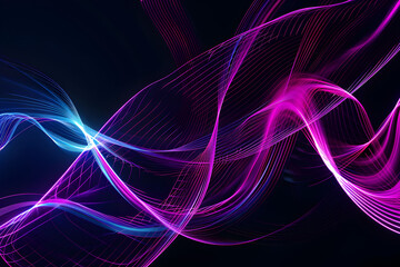 Hypnotic neon lines with blue and purple glowing curves. Abstract art on black background.