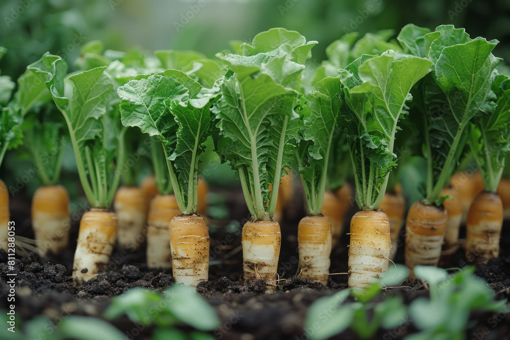 Poster rustic image of a vegetable garden where each root vegetable is a different type of precious metal b