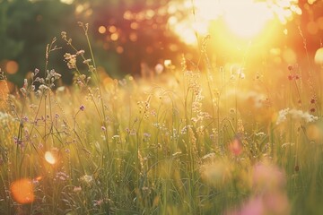 A field of lush green grass under the glowing rays of the sun setting in the background, A peaceful meadow bathed in the soft light of a setting sun