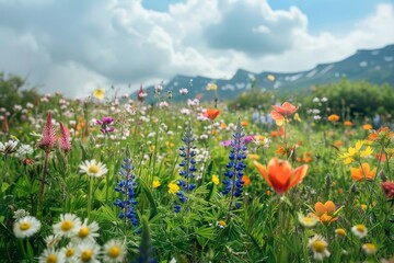 Obraz premium A meadow filled with a variety of colorful wildflowers, creating a vibrant and lively scene, A peaceful meadow dotted with colorful wildflowers