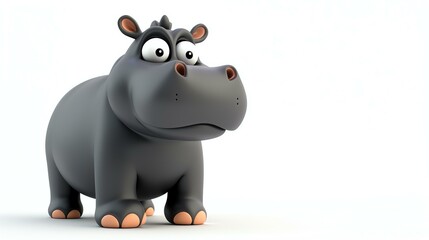 3D rendering of a cute and friendly hippopotamus. The hippo is standing on a white background and looking at the camera with a curious expression.