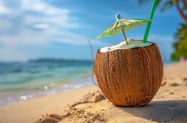Coconut Shell With Straw Umbrella on Beach