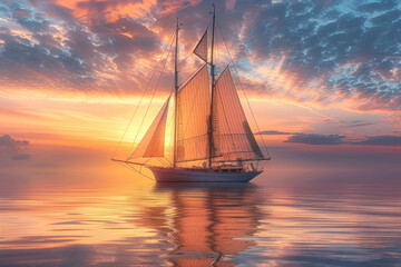 Fototapeta premium Elegant sailboat gliding over calm waters at sunrise, sails full, symbolizing a smooth financial journey,