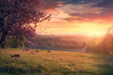 A sunset casts warm hues over a field where animals graze peacefully on the grass, A peaceful...
