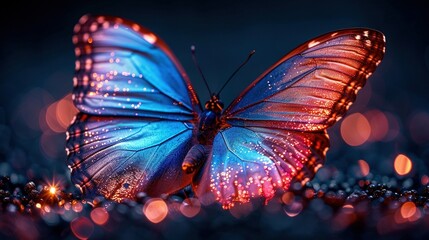  A close-up of a blue and red butterfly against a black background, with out-of-focus lighting in...